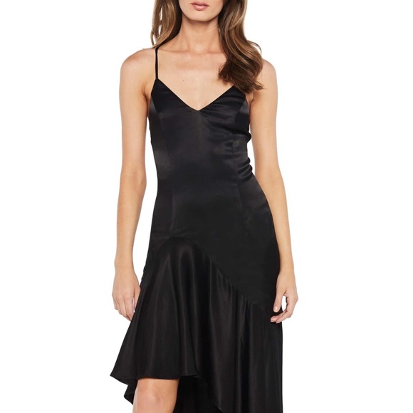 🍾🆕 Bardot ☾Ruffle Satin Gown ☾Black LBD - Picture 2 of 8
